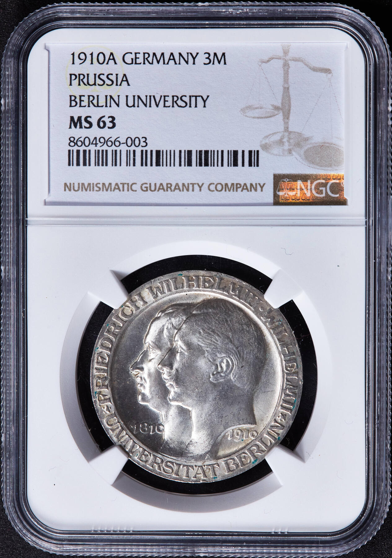 【俄甄集藏】2025年(045)12-03 星期三 晚 19:30 全场包邮 德国普鲁士1910年纪念柏林大学成立100周年3马克银币，NGC MS63，转光品相