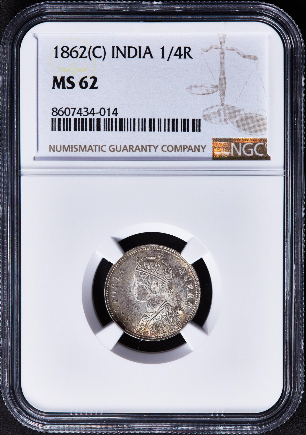 【俄甄集藏】2025年(045)12-03 星期三 晚 19:30 全场包邮 英属印度1862年维多利亚高冠1/4卢比银币，NGC MS62，加尔各答厂，黄油环彩，原光品相