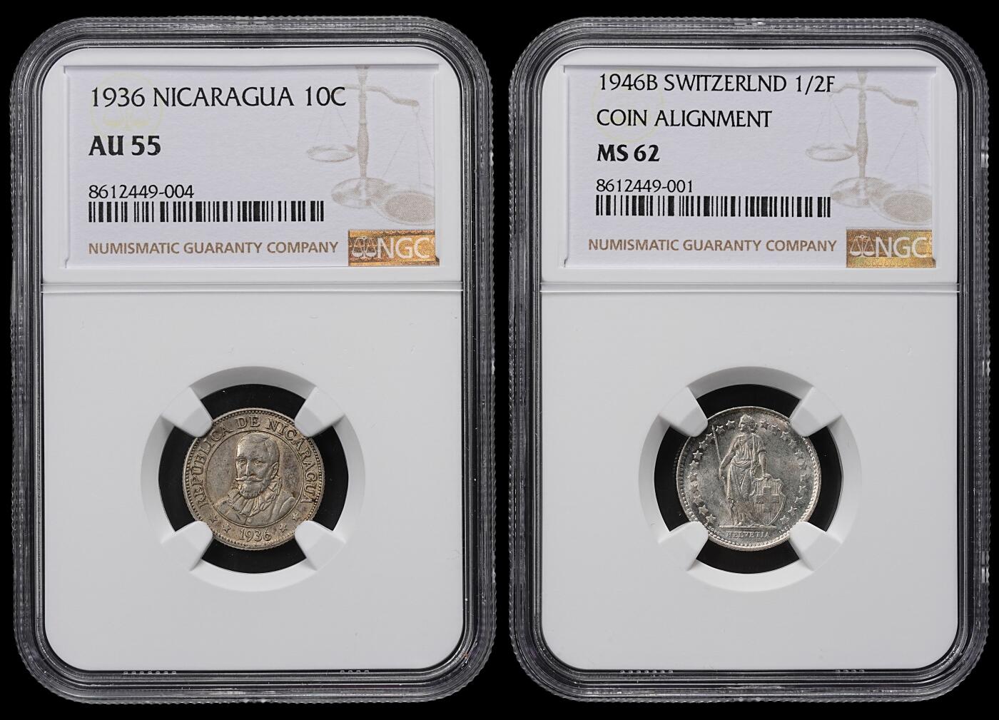修遠堂世界钱币第九十五期 NGC评级 瑞士，尼加拉瓜银币各一枚