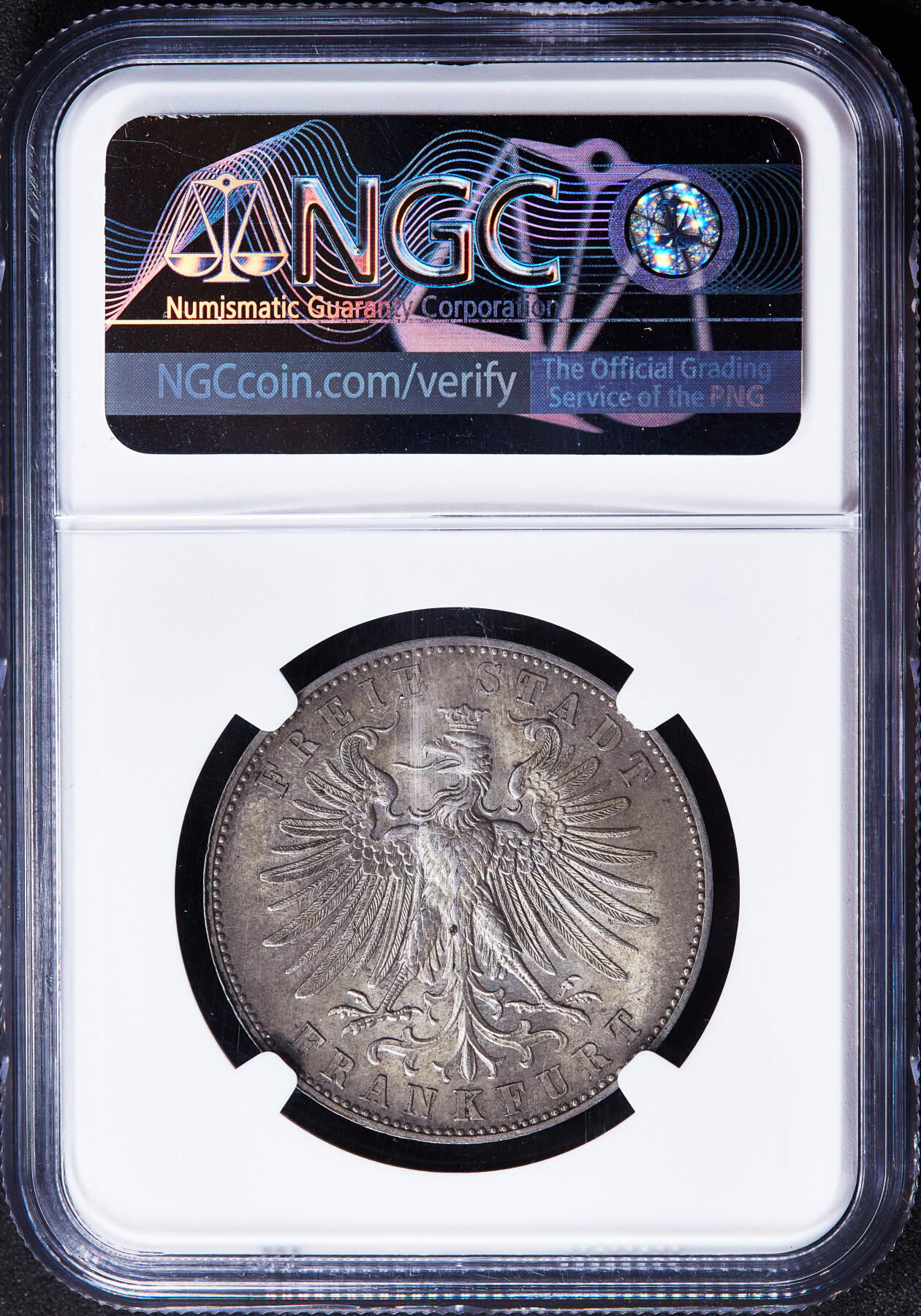 【俄甄集藏】2025年(045)12-03 星期三 晚 19:30 全场包邮 德国1862年法兰克福射击节1泰勒银币，NGC MS63，黄油酱彩，原光品相