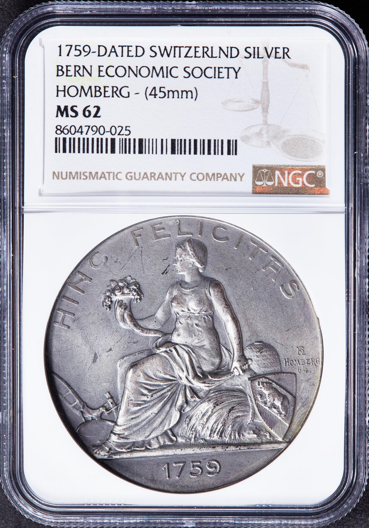 【俄甄集藏】2025年(045)12-03 星期三 晚 19:30 全场包邮 瑞士1759年伯尔尼农业与工商业经济协会表彰大银章，NGC MS62，磨砂底板，雕刻家弗朗索·洪贝格作品，稀有