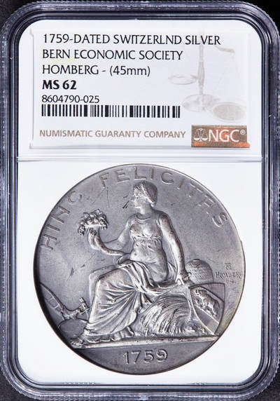 【俄甄集藏】2025年(045)12-03 星期三 晚 19:30 全场包邮 - 瑞士1759年伯尔尼农业与工商业经济协会表彰大银章，NGC MS62，磨砂底板，雕刻家弗朗索·洪贝格作品，稀有