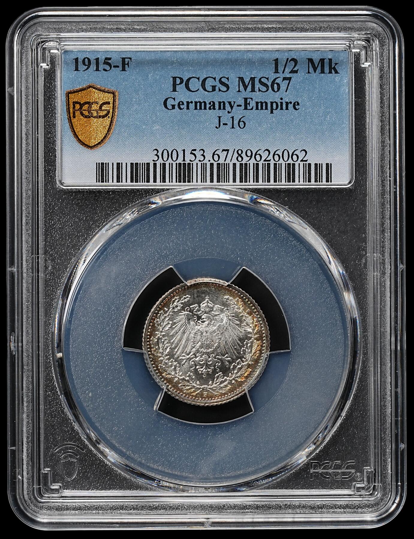 修遠堂世界钱币第九十五期 PCGS MS671915年德国1/2马克银币 F厂铭 环彩