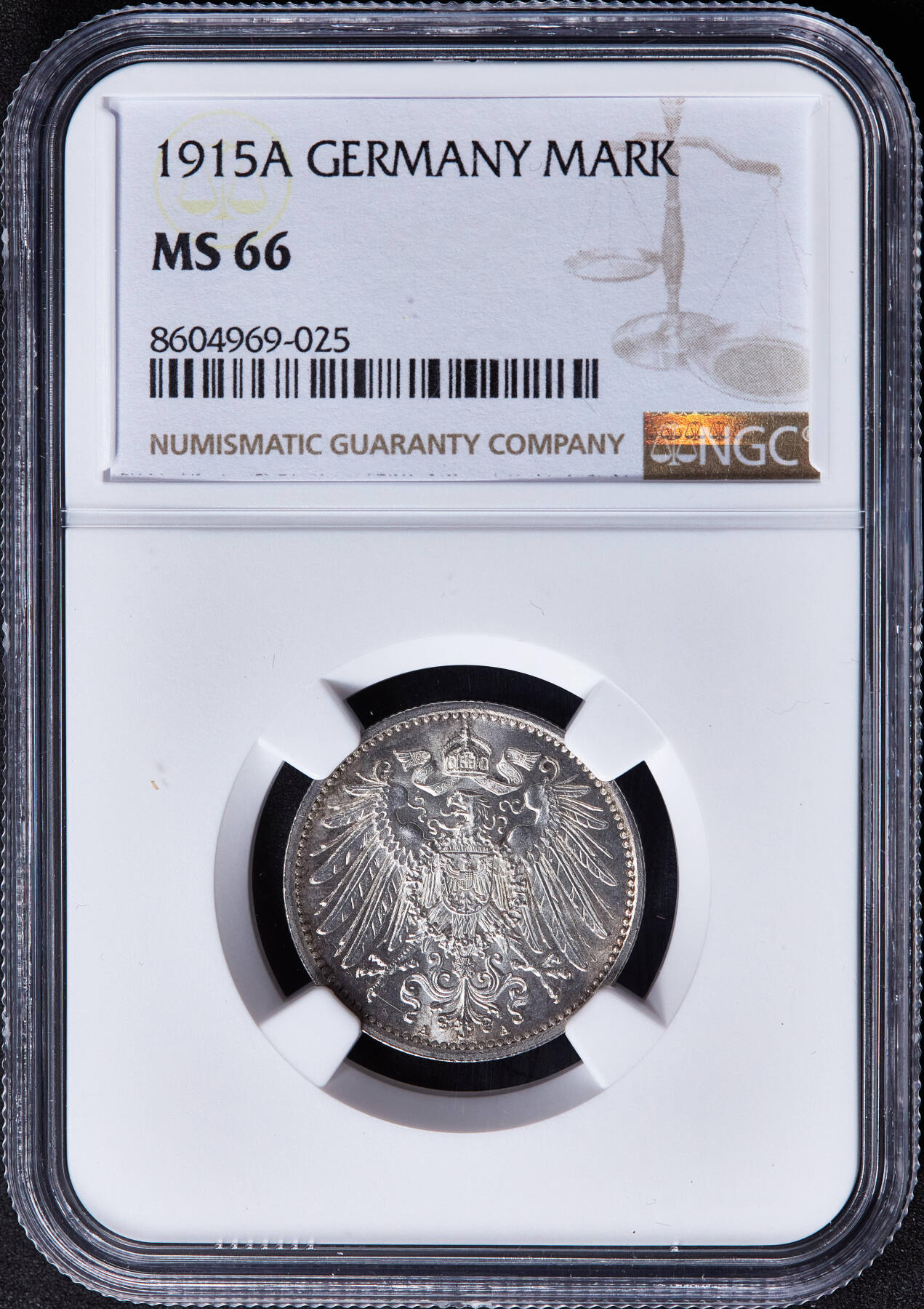 【俄甄集藏】2025年(045)12-03 星期三 晚 19:30 全场包邮 德国1915年威廉二世A版1马克银币，NGC MS66，黄油环彩，顶级转光