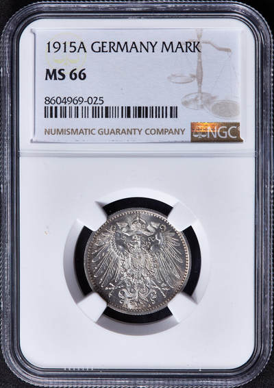 【俄甄集藏】2025年(045)12-03 星期三 晚 19:30 全场包邮 - 德国1915年威廉二世A版1马克银币，NGC MS66，黄油环彩，顶级转光