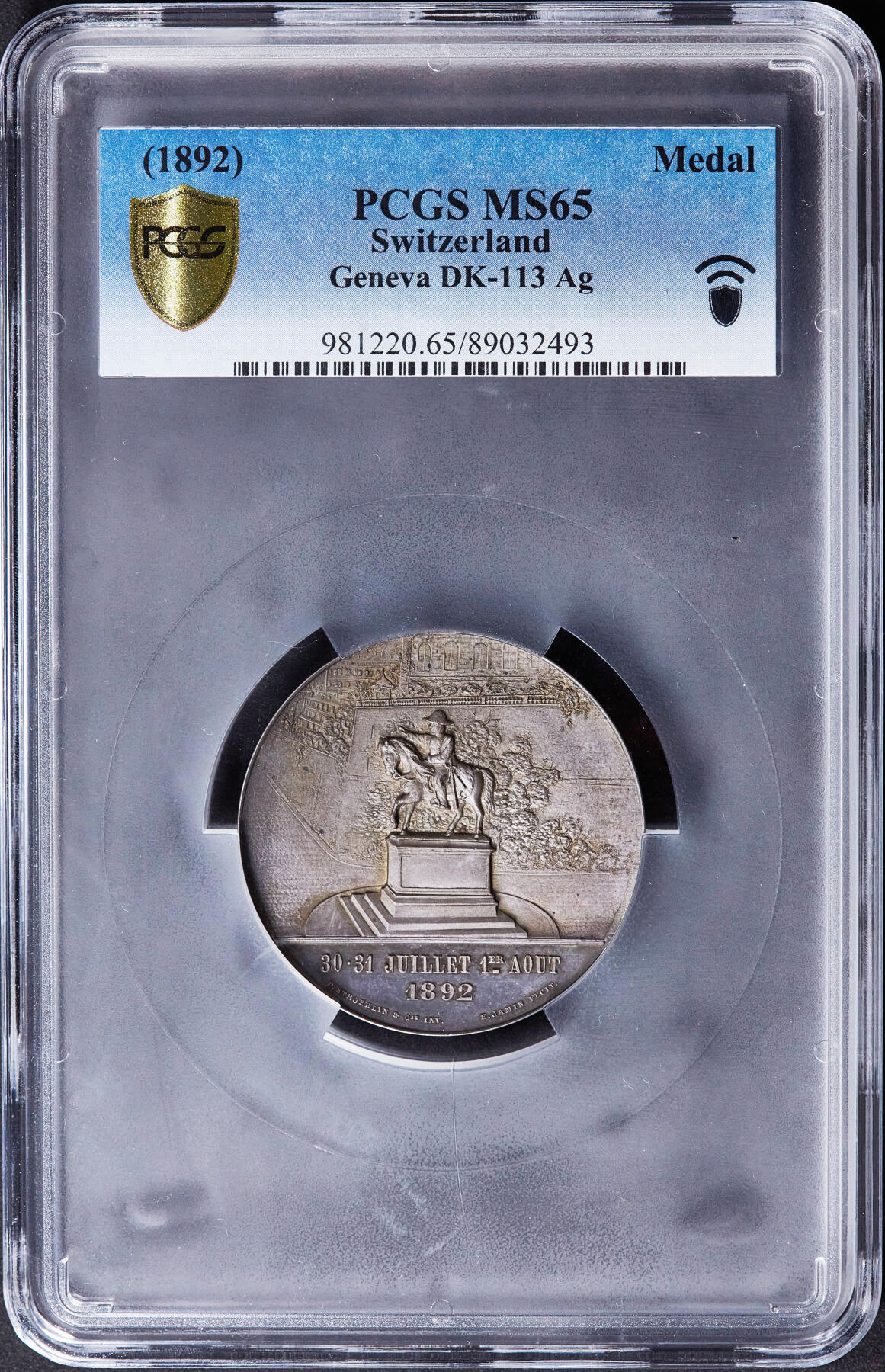 【俄甄集藏】2025年(045)12-03 星期三 晚 19:30 全场包邮 瑞士1892年纪念联邦军官协会全体会议在日内瓦召开大银章，PCGS MS65，紫罗兰酱彩老包浆，唯一冠军分，顶级状态，类精制底板，直径：46mm