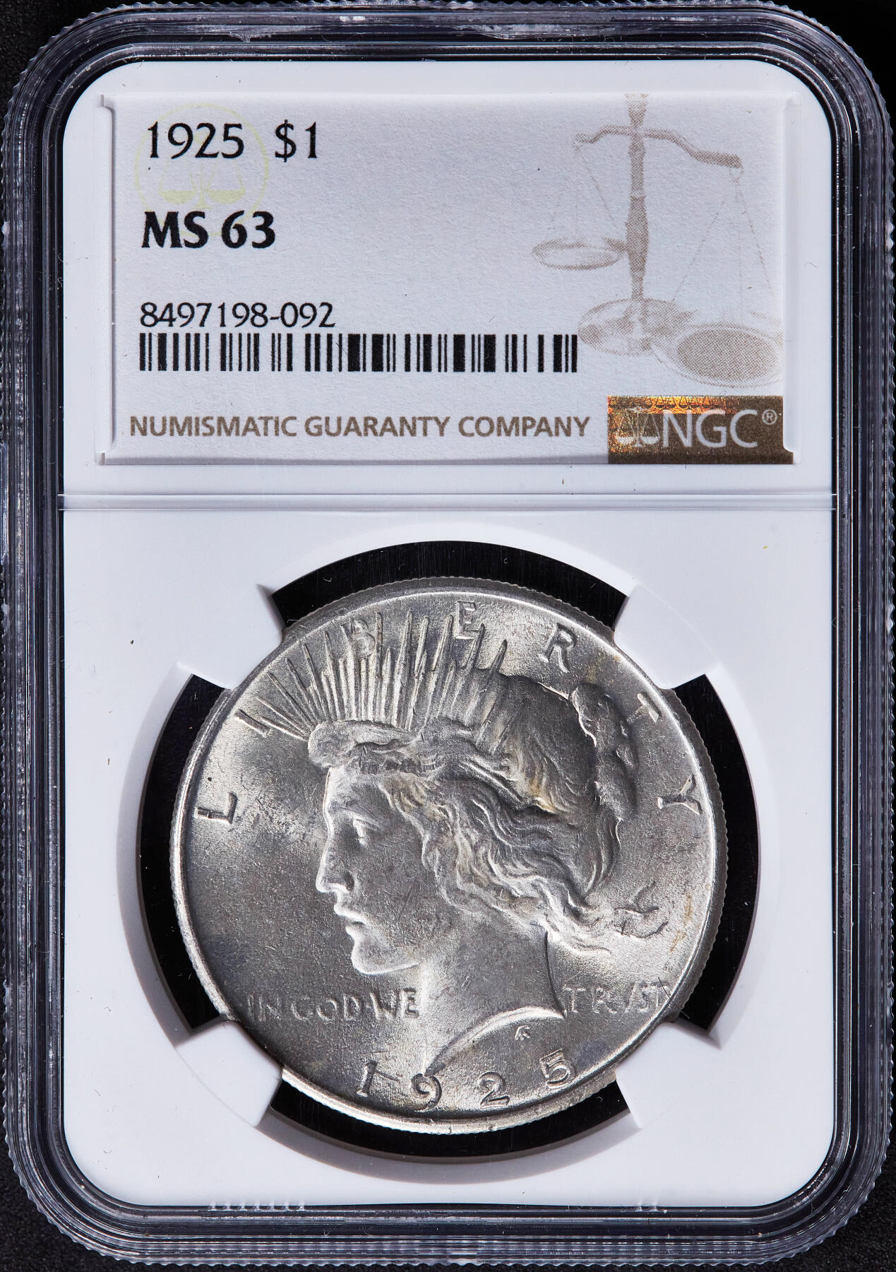 【俄甄集藏】2025年(045)12-03 星期三 晚 19:30 全场包邮 美国1925年和平1美元大银币，NGC MS63，原味状态，车轮转光，少见年份