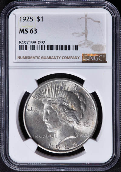 【俄甄集藏】2025年(045)12-03 星期三 晚 19:30 全场包邮 - 美国1925年和平1美元大银币，NGC MS63，原味状态，车轮转光，少见年份