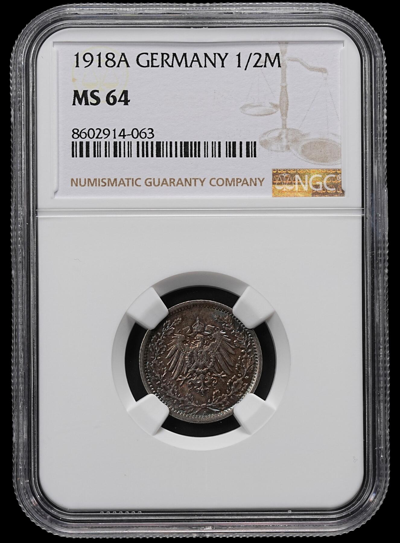 修遠堂世界钱币第九十五期 NGC MS64 1918年德国1/2马克银币 A厂铭 黑五彩