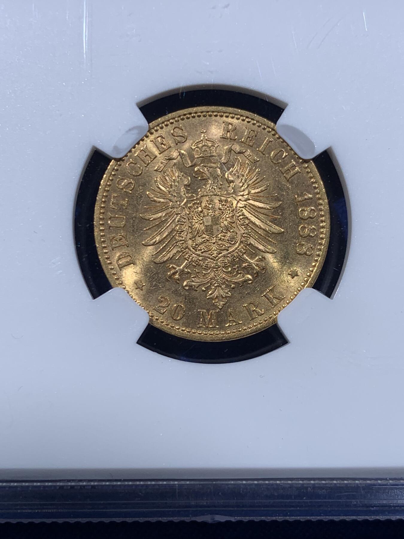 《竞宝斋》第443场 周日，周一，2场连拍 （全场包邮） NGC MS63 德国 普鲁士 1888 A 弗里德里希三世 20马克 金币 900金 7.96克 经典品种 转光漂亮