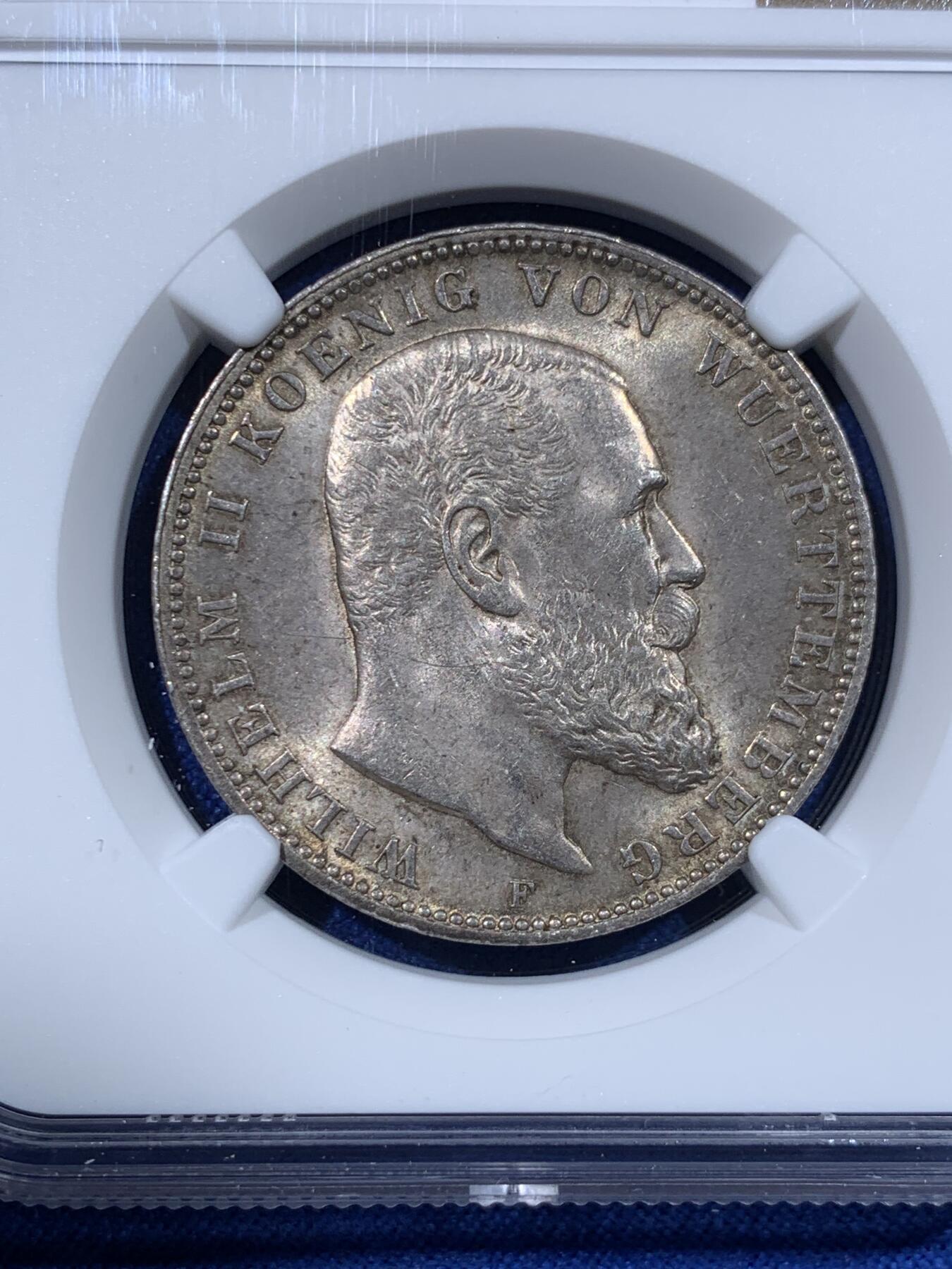 《竞宝斋》第443场 周日，周一，2场连拍 （全场包邮） NGC MS63 德国符腾堡1908年威廉二世3马克银币 币面转光 包浆自然