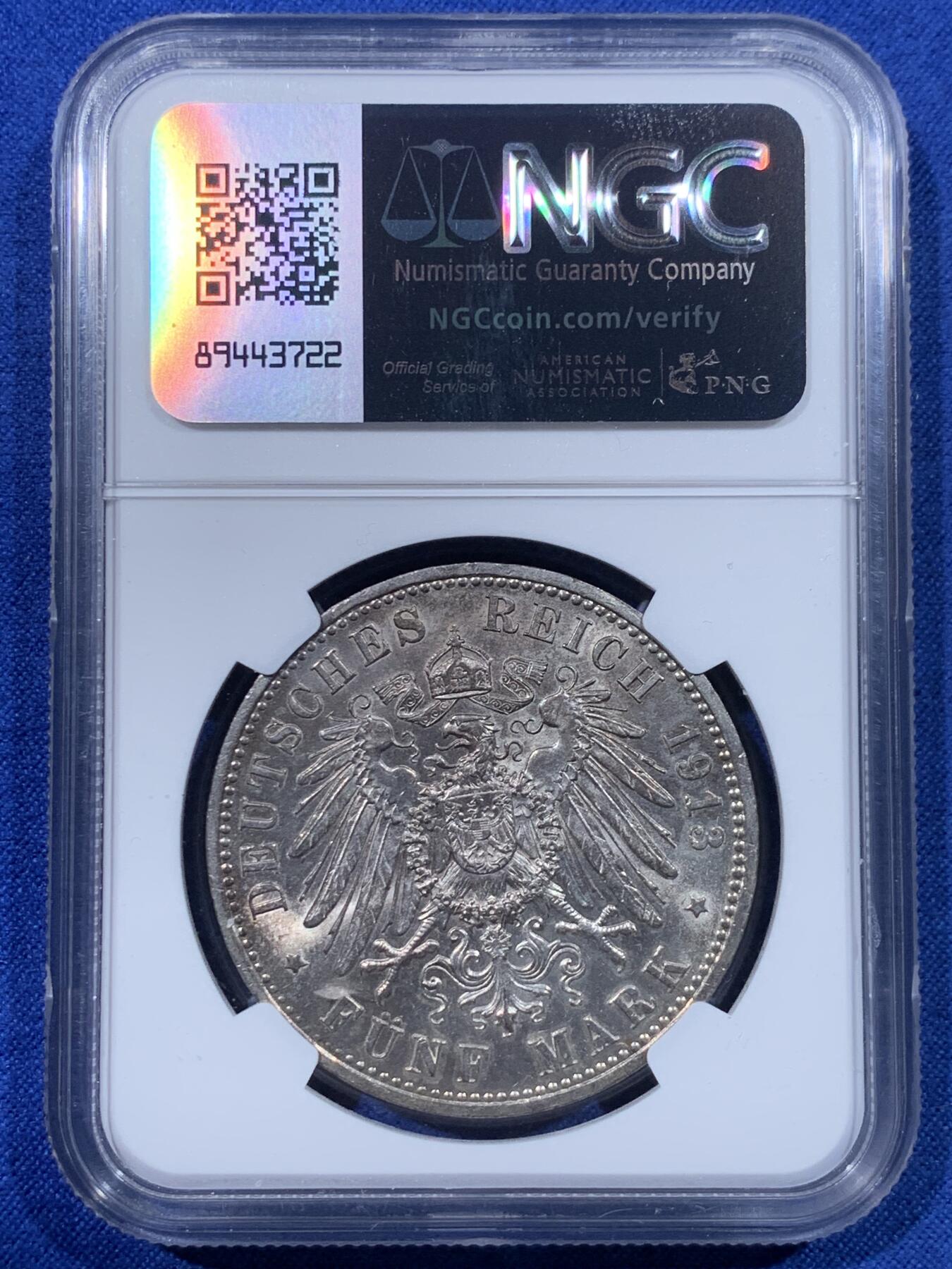 《竞宝斋》第443场 周日，周一，2场连拍 （全场包邮） NGC UNC 德国 1913年 普鲁士威廉二世军装5马克银币 光度不错