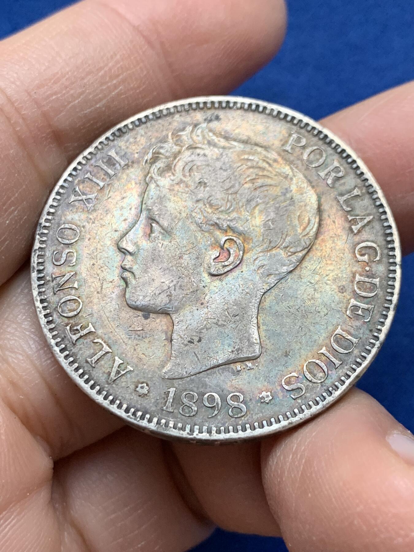 《竞宝斋》第443场 周日，周一，2场连拍 （全场包邮） 西班牙1898年阿方索十三世5比塞塔银币