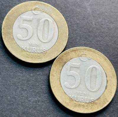 文馨钱币收藏第 284 场，【 长期接收代拍品】老藏家拍品南朝鲜李承晚时期货币，泰国大型纪念币，土耳其各时期及各国套币场 - 2005 年土耳其 50 库鲁双色纪念币 2 枚