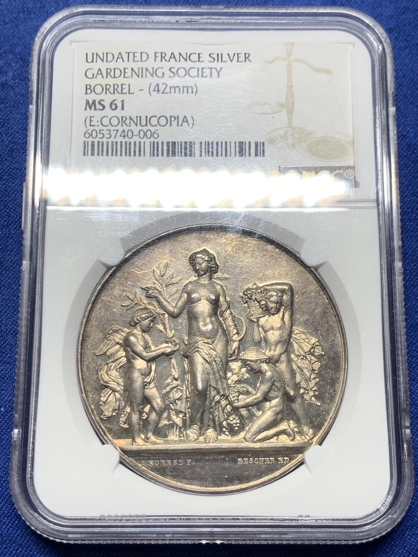 《竞宝斋》第443场 周日，周一，2场连拍 （全场包邮） NGC MS61 法国园艺学会银章 42mm 底板很不错 感觉低评了