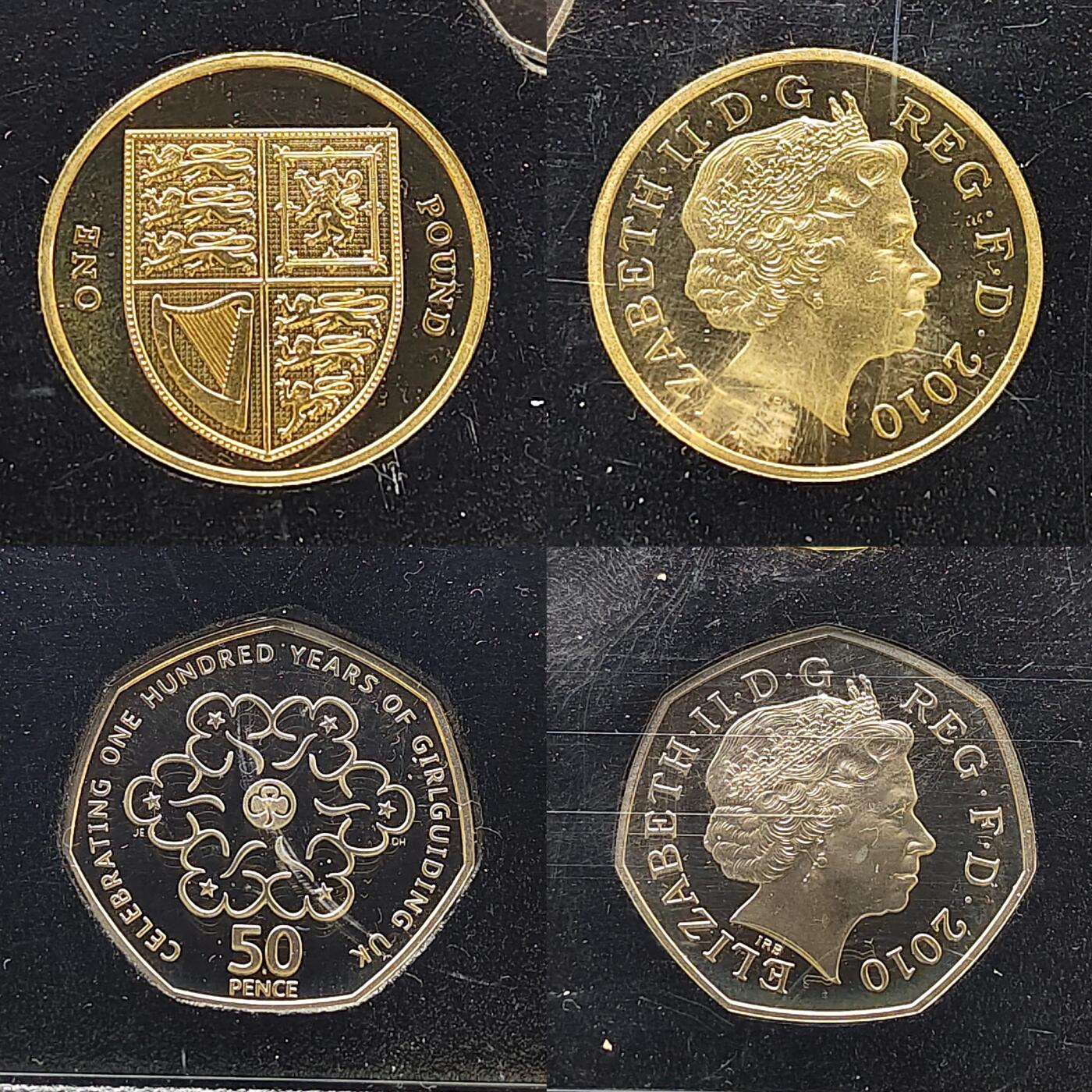 【全场包邮】纯粹捡漏拍483场（免费代拍第20场） 英国2010年官方精制套币-盒证全-含5镑君主制复辟350周年+2镑南丁格尔逝世100周年+1镑四邦国首府系列贝尔法斯特+伦敦2枚+50便士女童子军100周年5枚精制纪念币