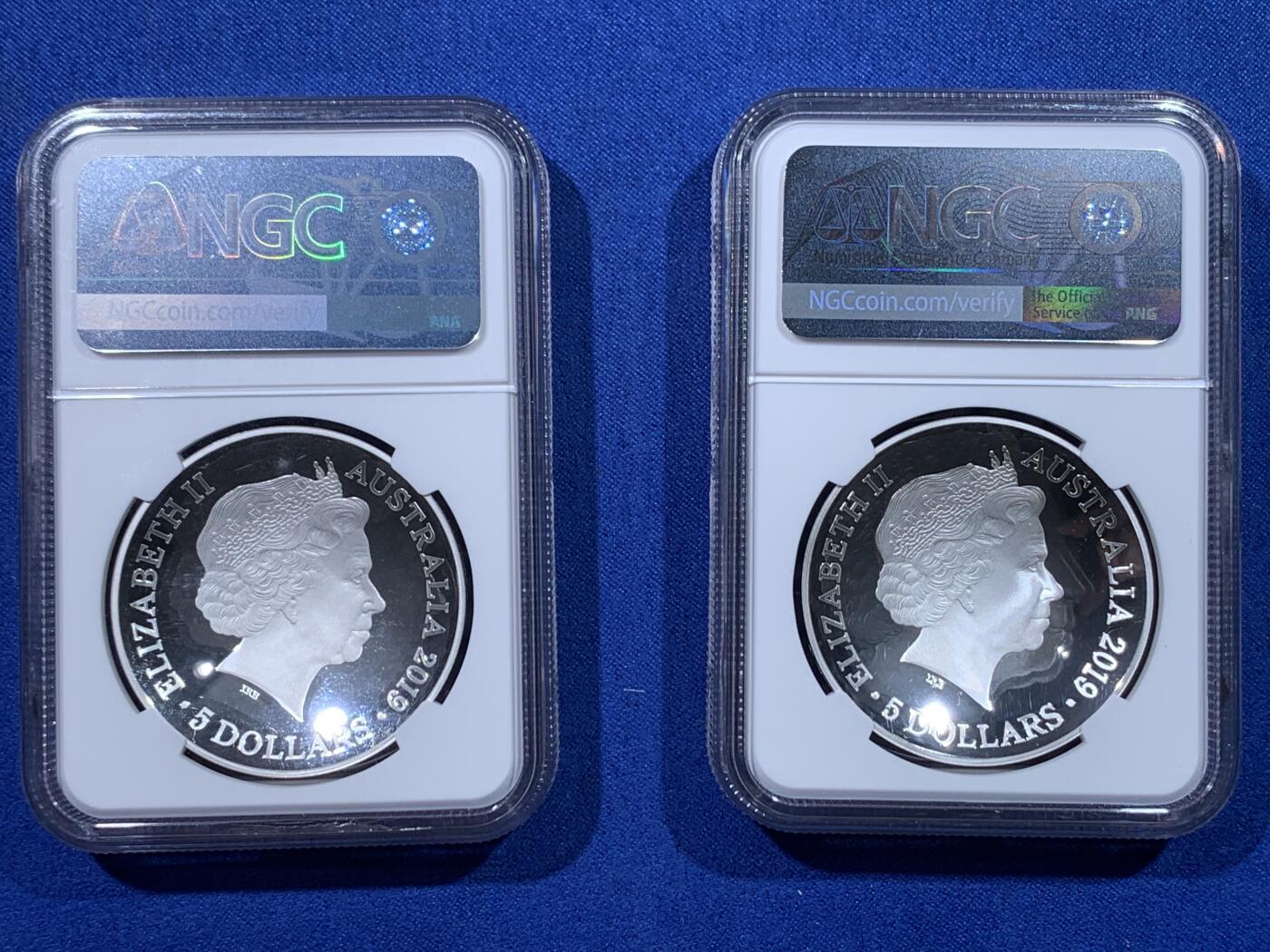 《竞宝斋》第443场 周日，周一，2场连拍 （全场包邮） 两枚一组 NGC PF69UC 澳大利亚2019年新世界地图5澳元弧形纪念银币 1812 库克船长东半球 + 1626 西半球（1盎司，999银，限量5000枚，盒证齐全）