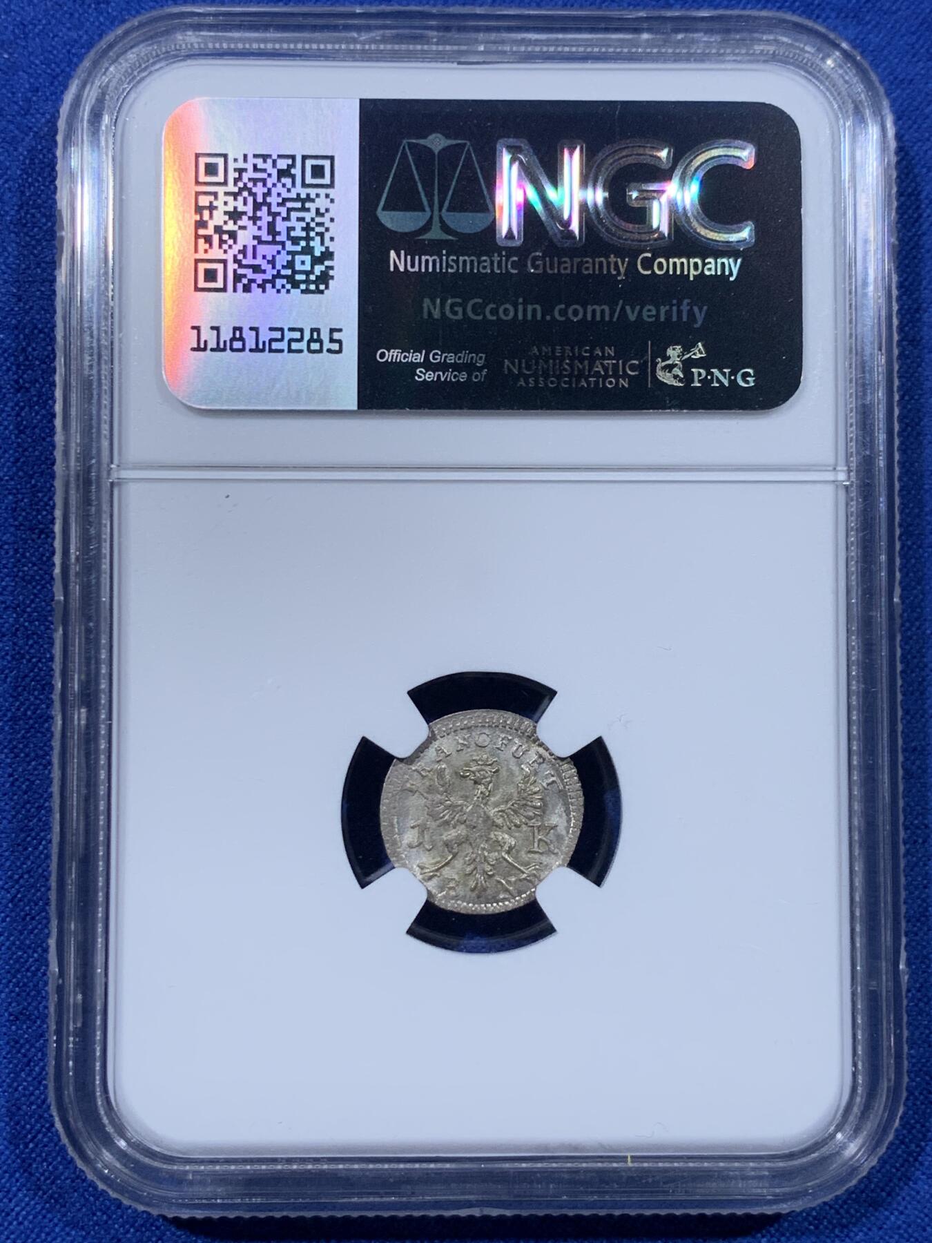 《竞宝斋》第443场 周日，周一，2场连拍 （全场包邮） NGC MS65 神圣罗马帝国时期1773年法兰克福城市景观银币，面值1克鲁泽，神罗系列的帝国自由市小精品，光度无敌，高分难得