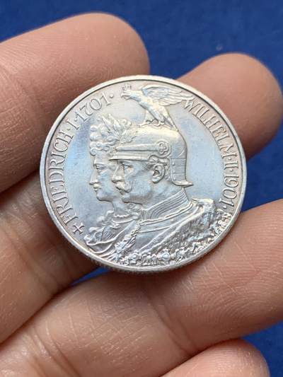 《竞宝斋》第443场 周日，周一，2场连拍 （全场包邮） - 德国1901年普鲁士建国200周年2马克银币，底光不错，品相佳。