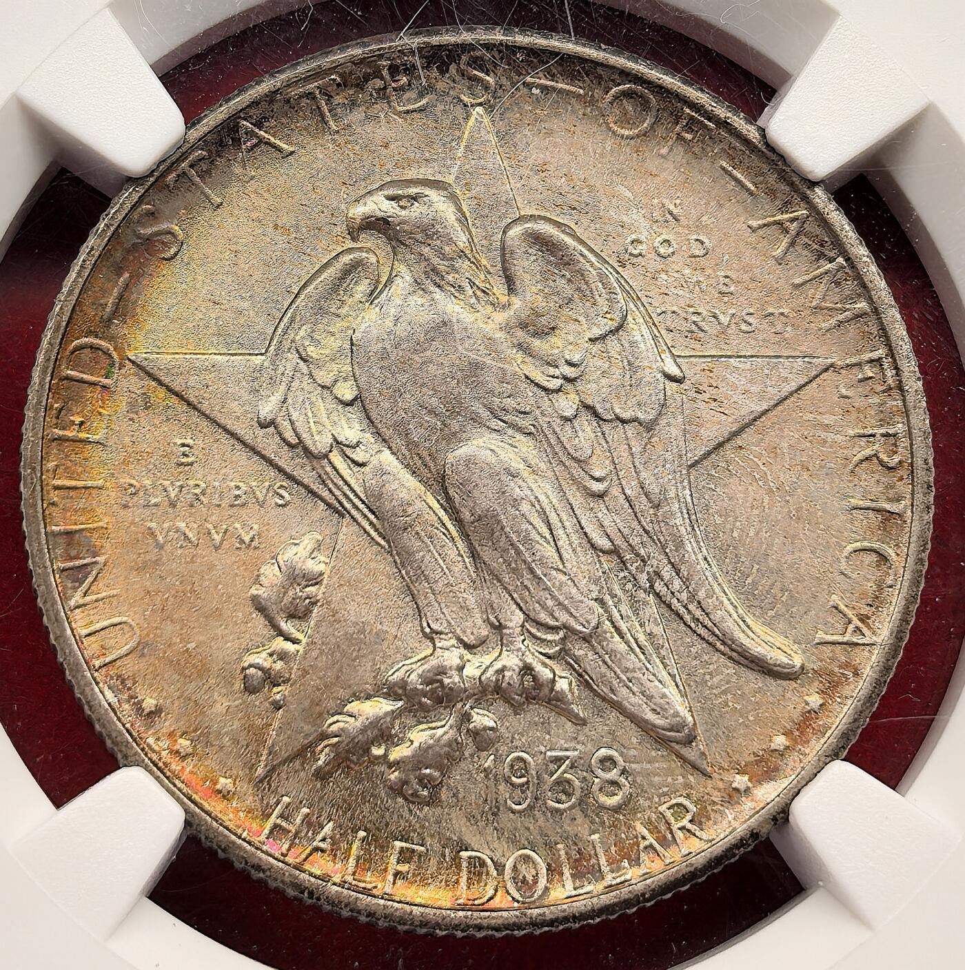 纫秋兰以为佩·凡希社微拍感恩专场 1938美国德克萨斯百年纪念半美元银币NGC-MS67，黄金环彩，养眼美物！