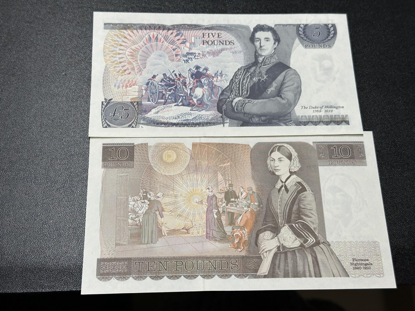 《外钞收藏家》第五百九十期（欧洲强钞、港币、硬通货及丰富裸币大拍场）（本平台长期征集拍品、欢迎藏友们联系合作） 英国D序列5和10镑 2张一起 UNC-