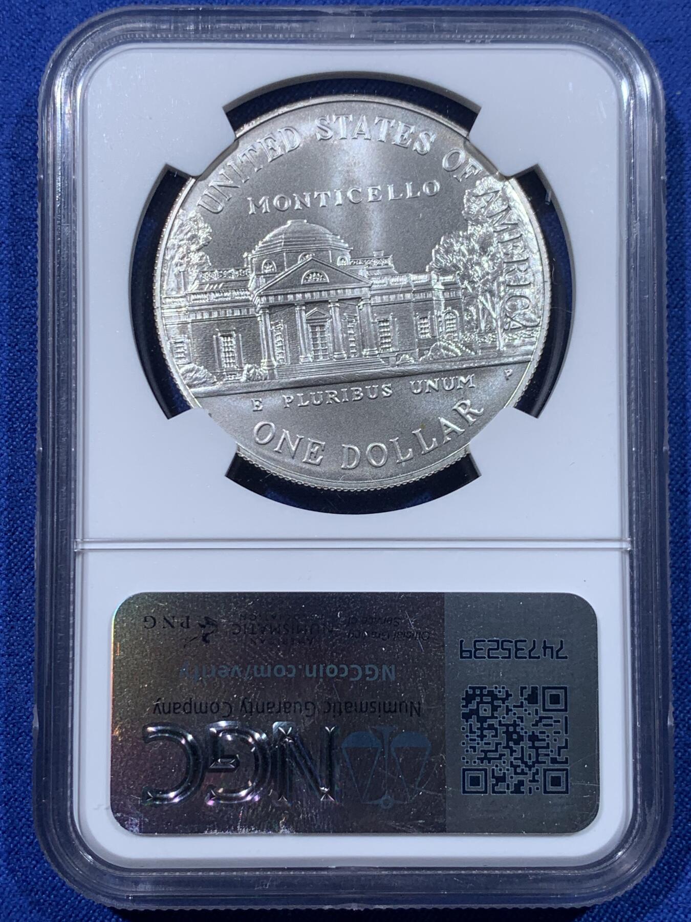 《竞宝斋》第443场 周日，周一，2场连拍 （全场包邮） NGC MS69 美国1993年托马斯·杰斐逊诞辰250周年1美元银币 900银 26.7克 特殊标签 可藏