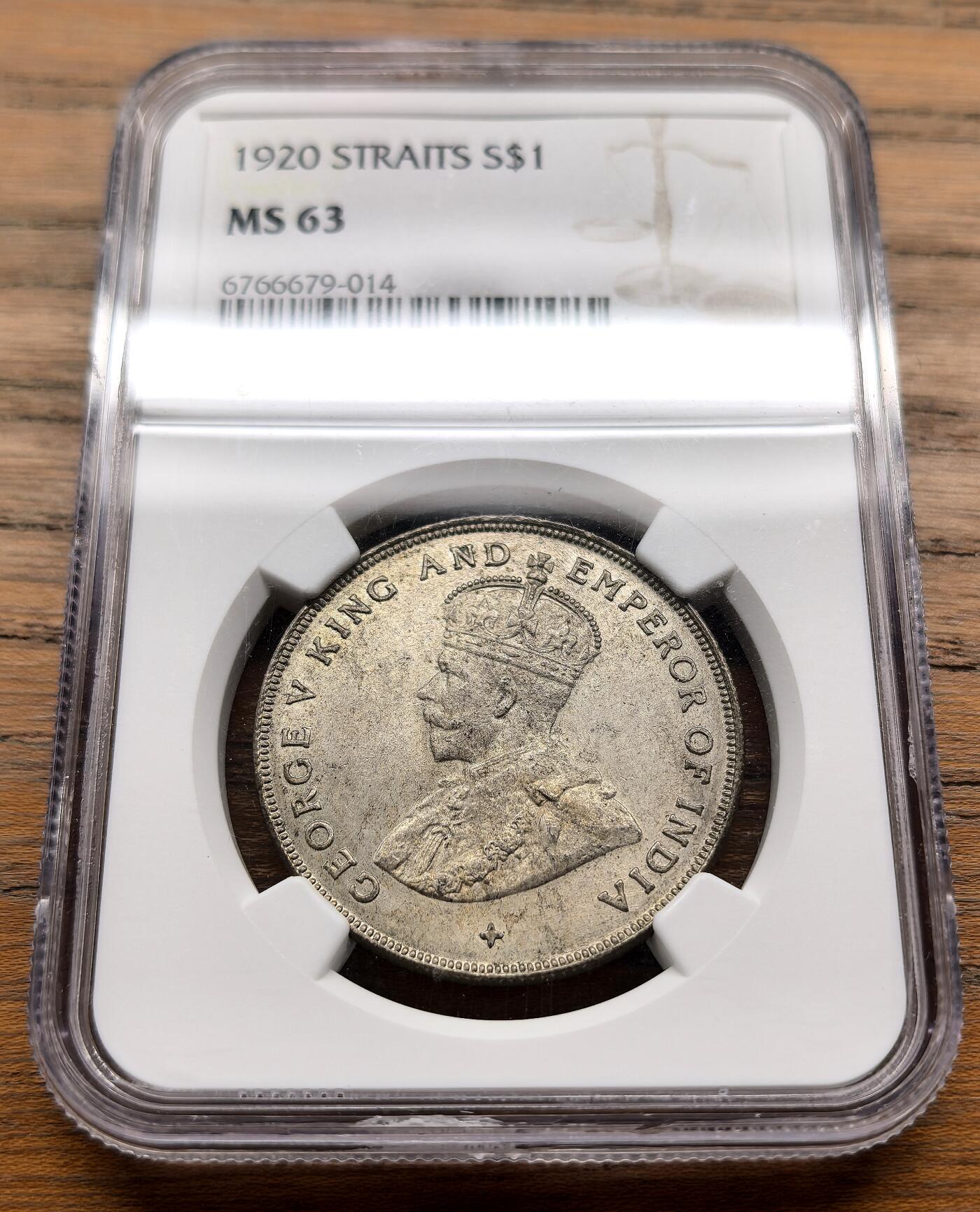 纫秋兰以为佩·凡希社微拍感恩专场 1920英属海峡殖民地乔五壹元大银NGC-MS63，淡金包浆原味难得！