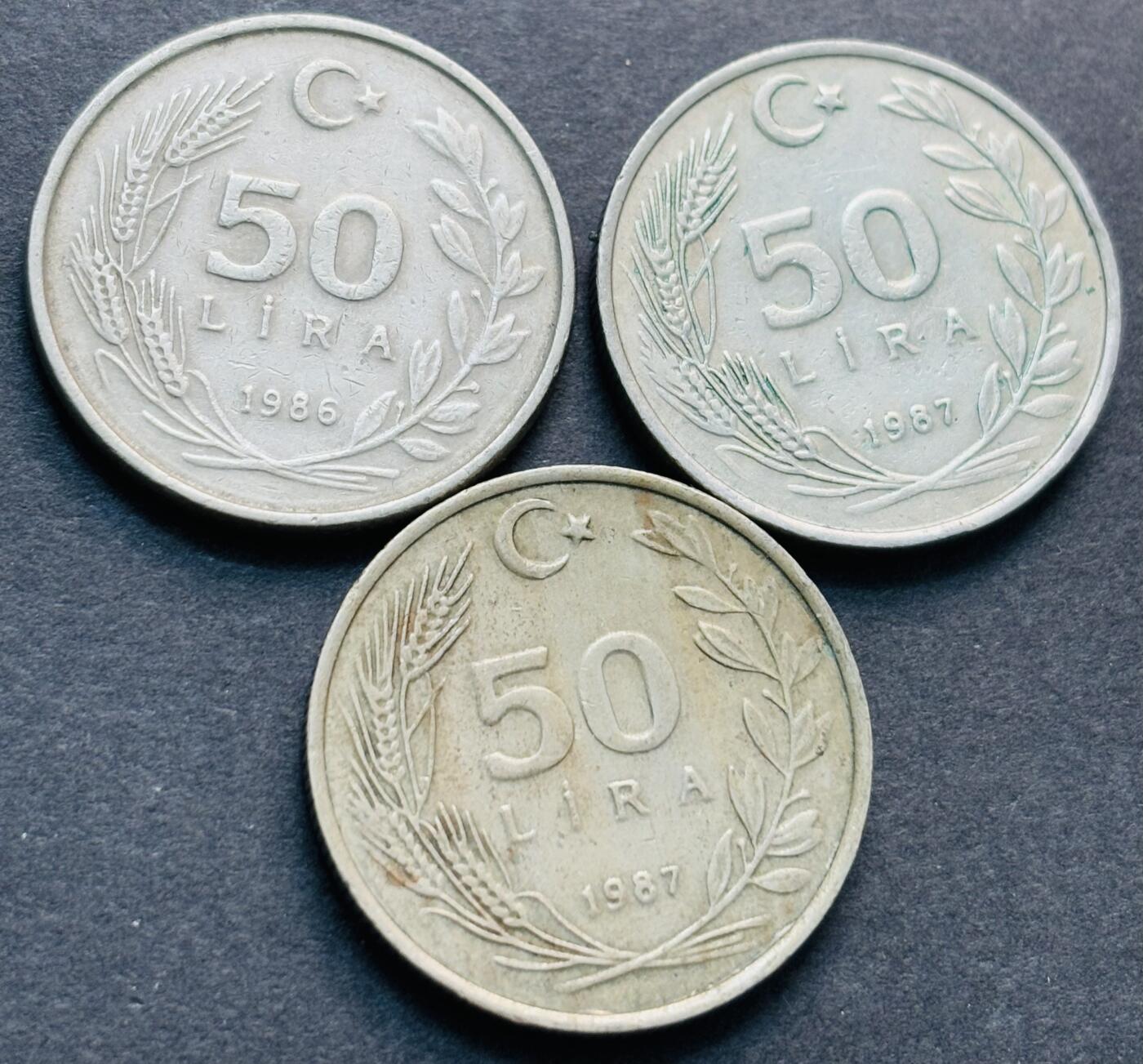 文馨钱币收藏第 284 场，【 长期接收代拍品】老藏家拍品南朝鲜李承晚时期货币，泰国大型纪念币，土耳其各时期及各国套币场 1986-1987 年土耳其 50 里拉厚重币 3 枚