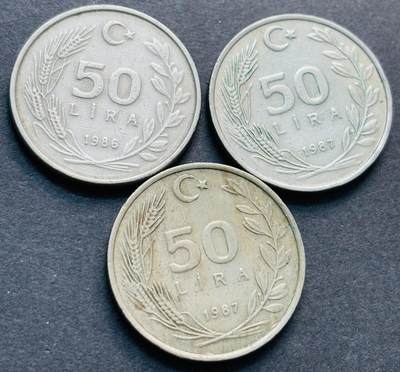 文馨钱币收藏第 284 场，【 长期接收代拍品】老藏家拍品南朝鲜李承晚时期货币，泰国大型纪念币，土耳其各时期及各国套币场 - 1986-1987 年土耳其 50 里拉厚重币 3 枚