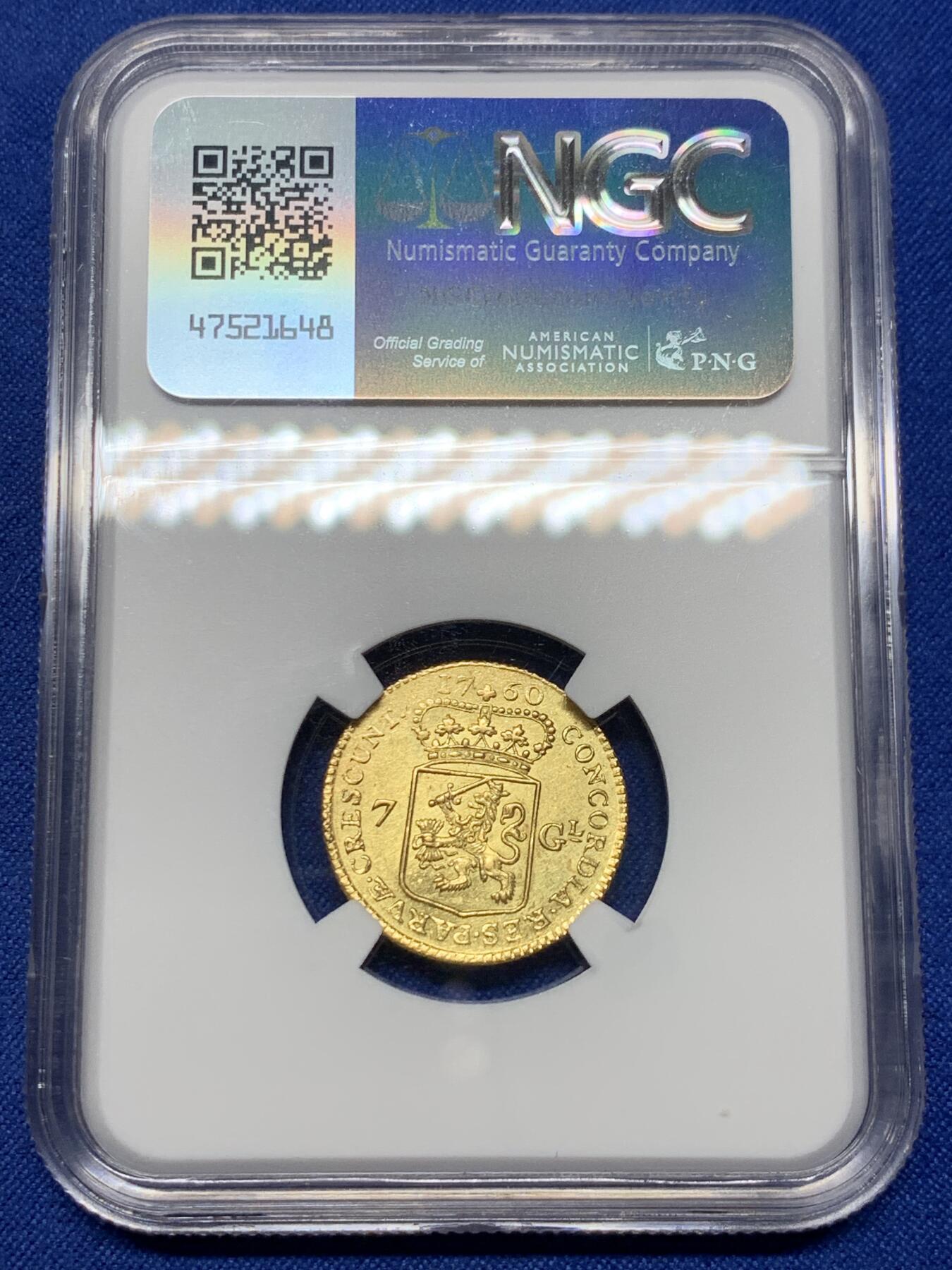 《竞宝斋》第443场 周日，周一，2场连拍 （全场包邮） NGC UNC 荷兰 1760年 荷兰省 7盾马剑金币 双面打制清晰 没给分有点错杀 这个状态已经很少见了4.965 g 920金