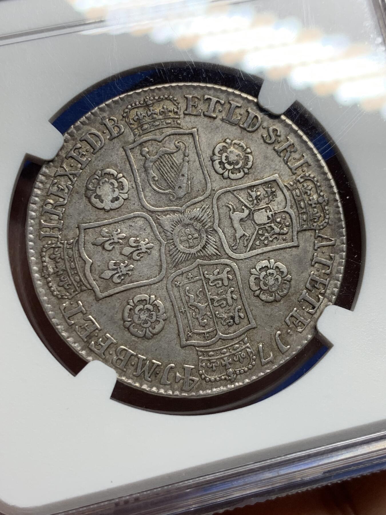 《竞宝斋》第443场 周日，周一，2场连拍 （全场包邮） NGC XFD 1741年英国乔治二世玫瑰半克朗银币  错杀，肉眼看边齿没有问题，细节好，稀少品种