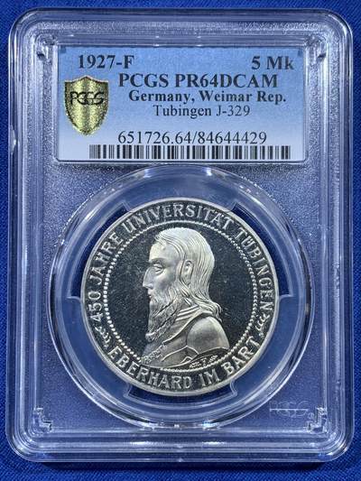 《竞宝斋》第443场 周日，周一，2场连拍 （全场包邮） - PCGS PR64DCAM 德国魏玛1927年图宾根大学5马克精制银币，正面为大学创始人埃伯哈德公爵，稀有品种普制都不多见，这枚是近百年前的顶级深度镜面币！