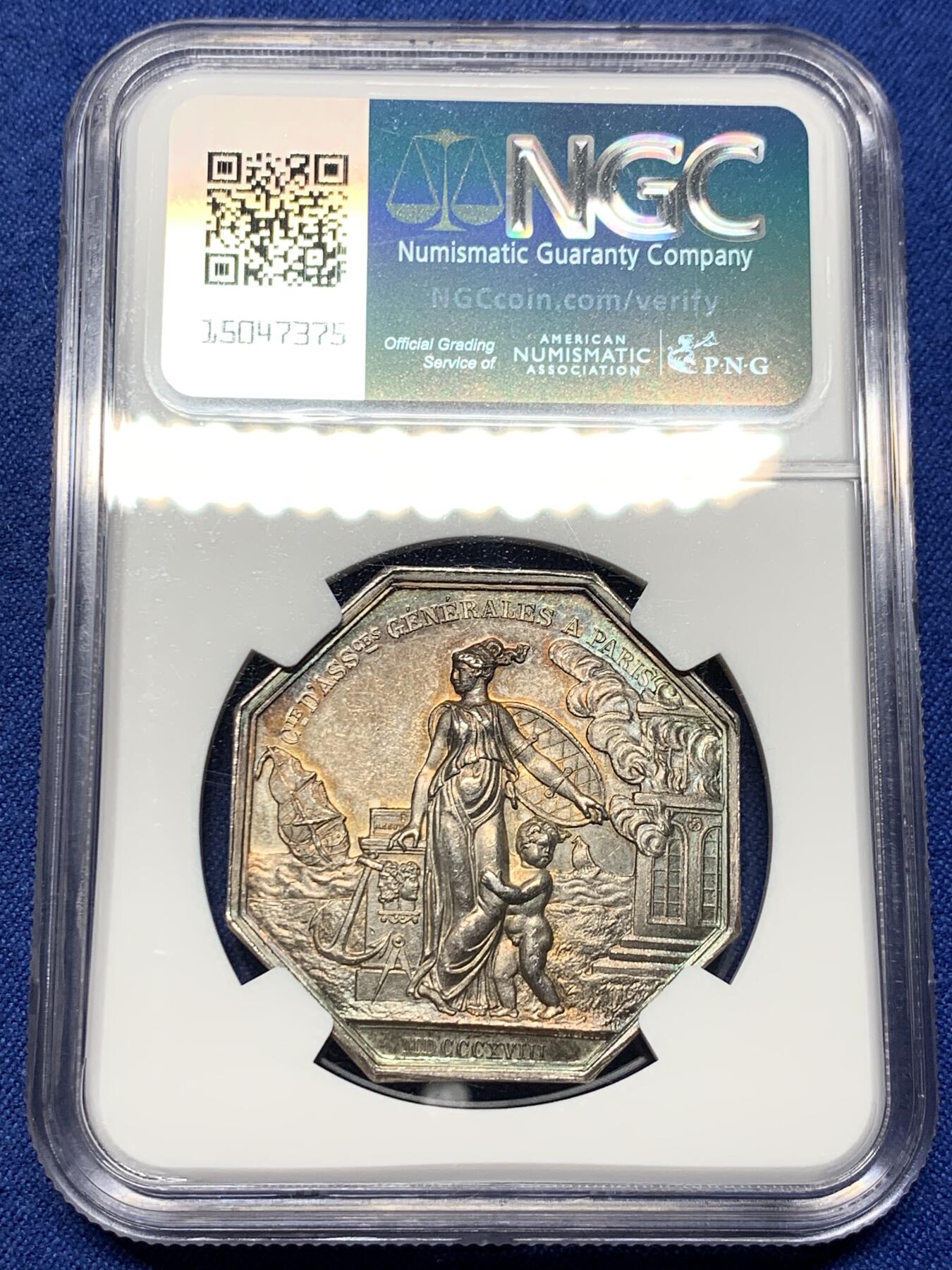 《竞宝斋》第443场 周日，周一，2场连拍 （全场包邮） NGC MS64 法国 1818年 路易十八火灾保险八角银质代币 双面五彩包浆 整体状态优秀