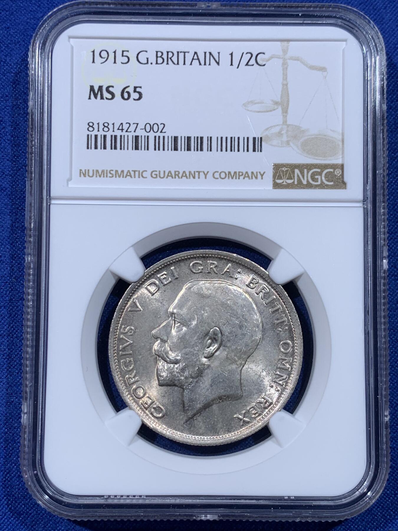 《竞宝斋》第443场 周日，周一，2场连拍 （全场包邮） NGC MS65 英国1915乔治五世流通半克朗银币，转光四溢，银色清爽，收藏级品质。流通版能到65分难度大，书价365美刀，是64分的近两倍。