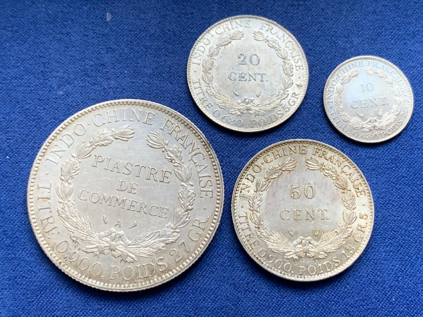 《竞宝斋》第443场 周日，周一，2场连拍 （全场包邮） 四枚一组 法属印支1928-1937年坐洋10分/20分/50分/1P银币