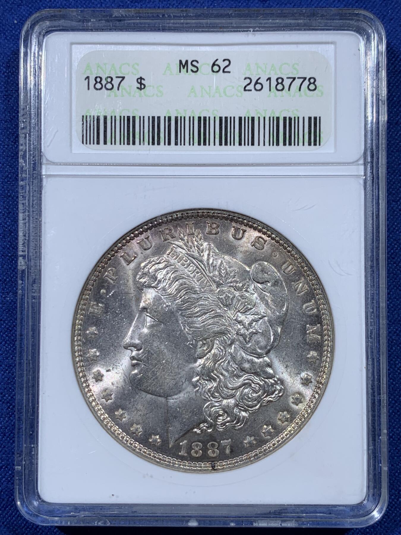 《竞宝斋》第443场 周日，周一，2场连拍 （全场包邮） ANACS MS62 肥皂盒 1887年美国摩根银币P厂 老盒严评，低评币，女神脸部干净，币两面粉光+转光，状态很好。