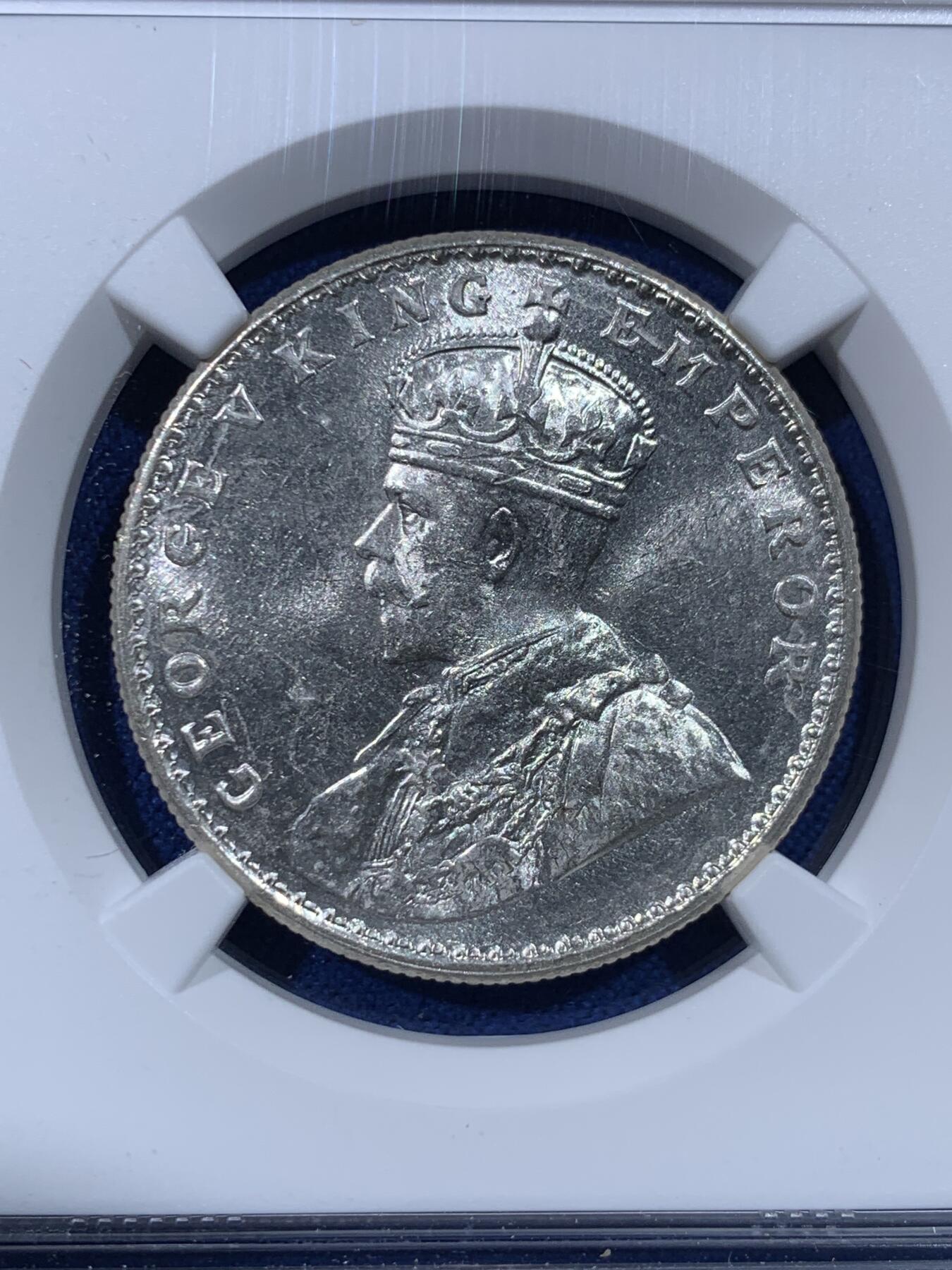 《竞宝斋》第443场 周日，周一，2场连拍 （全场包邮） NGC MS61 英属印度 1919年 乔治五世 1卢比 银币 卷拆品