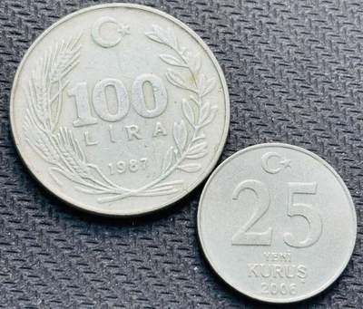 文馨钱币收藏第 284 场，【 长期接收代拍品】老藏家拍品南朝鲜李承晚时期货币，泰国大型纪念币，土耳其各时期及各国套币场 - 土耳其 25 库鲁，100 里拉 2 枚