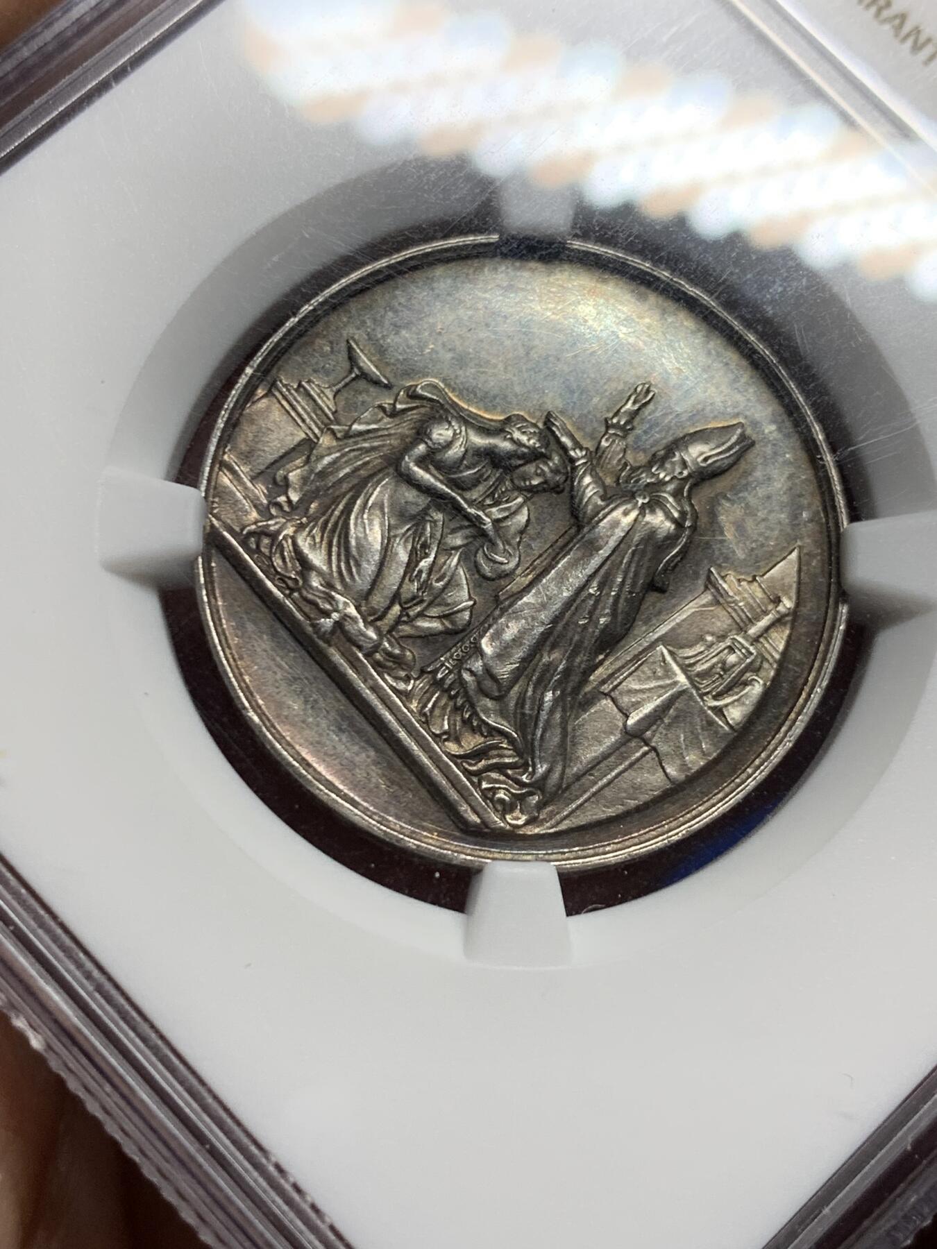 《竞宝斋》第443场 周日，周一，2场连拍 （全场包邮） NGC MS61 法国1860银质婚章 27mm 丰饶角边铭