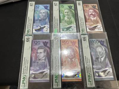 《外钞收藏家》第五百九十期（欧洲强钞、港币、硬通货及丰富裸币大拍场）（本平台长期征集拍品、欢迎藏友们联系合作） - 2022年巴巴多斯2-100刀 六张一起 PMG66-67 都是靓号尾6