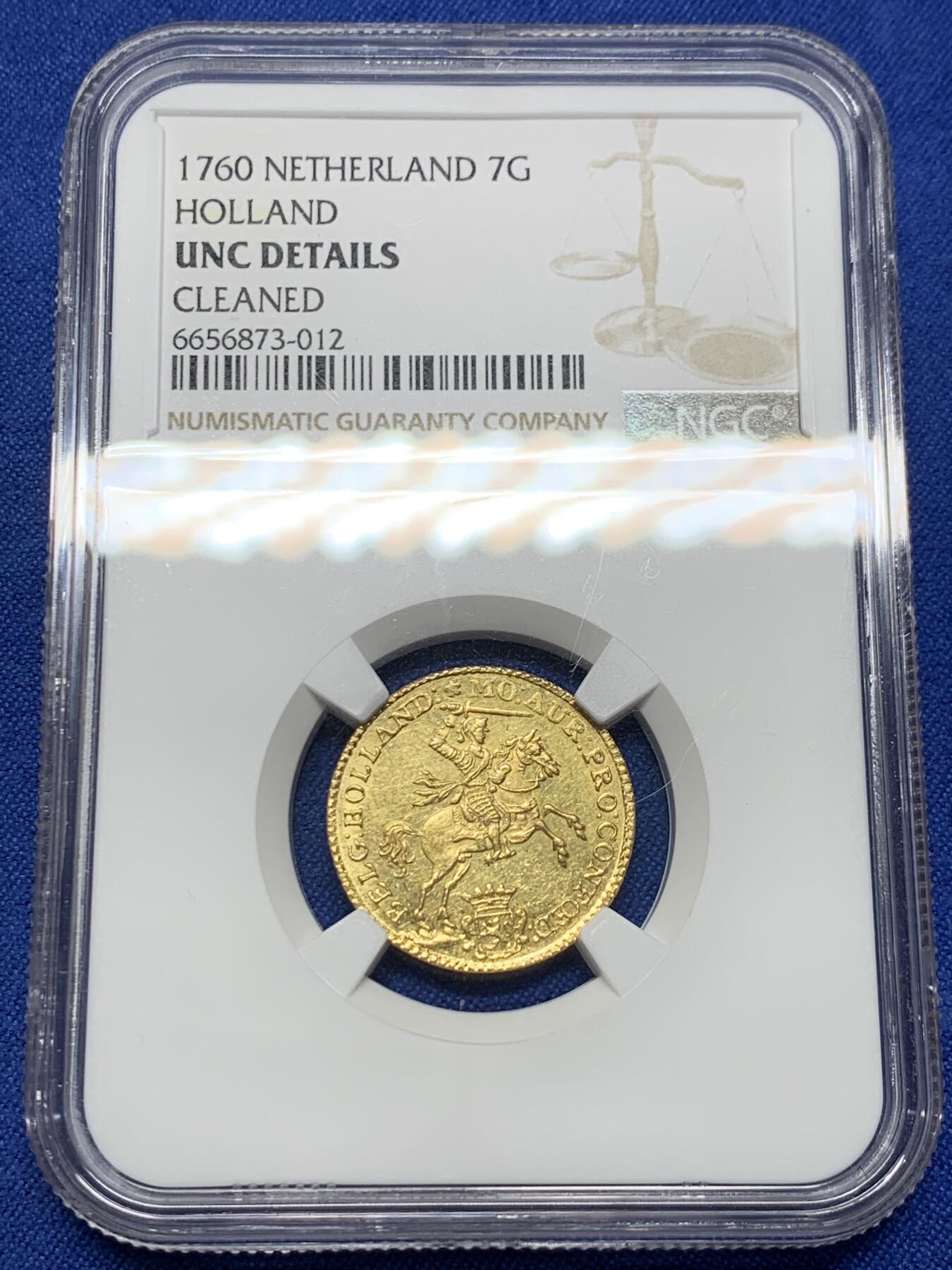 《竞宝斋》第443场 周日，周一，2场连拍 （全场包邮） NGC UNC 荷兰 1760年 荷兰省 7盾马剑金币 双面打制清晰 没给分有点错杀 这个状态已经很少见了4.965 g 920金