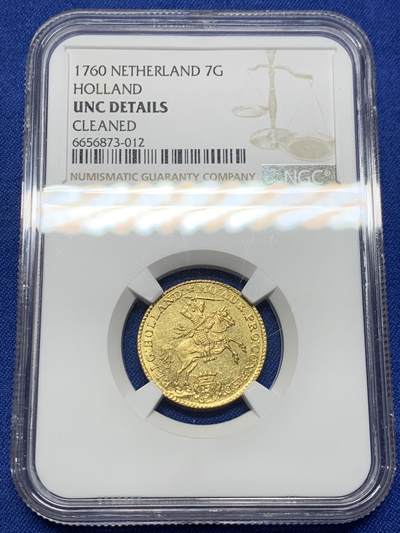 《竞宝斋》第443场 周日，周一，2场连拍 （全场包邮） - NGC UNC 荷兰 1760年 荷兰省 7盾马剑金币 双面打制清晰 没给分有点错杀 这个状态已经很少见了4.965 g 920金