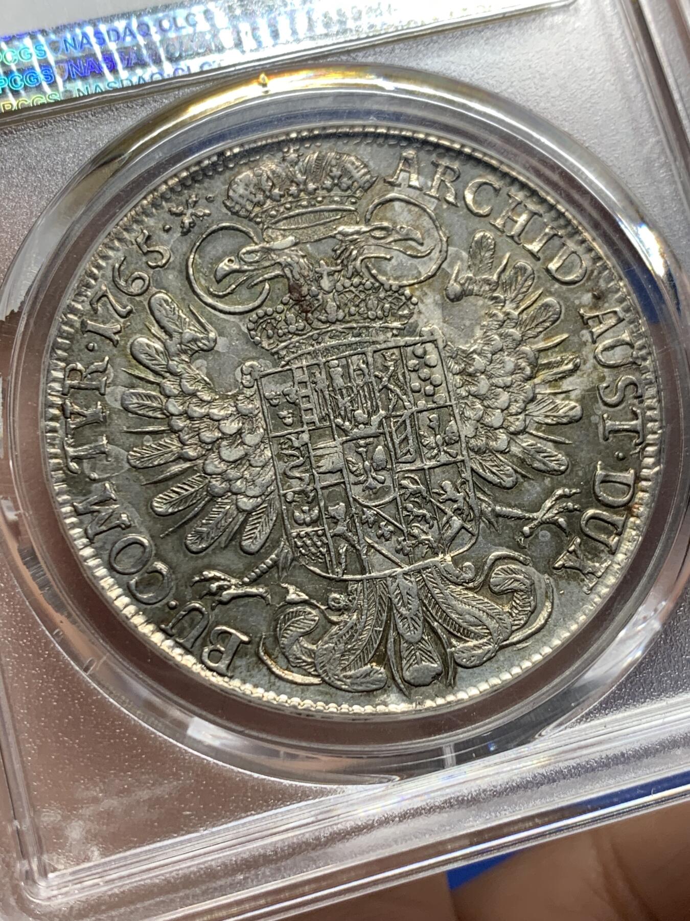《竞宝斋》第443场 周日，周一，2场连拍 （全场包邮） PCGS AU58 奥地利1765-AS 原铸大奶妈玛丽亚.特雷西娅 1泰勒 银币 唯一冠军分，难得没有减重痕迹。