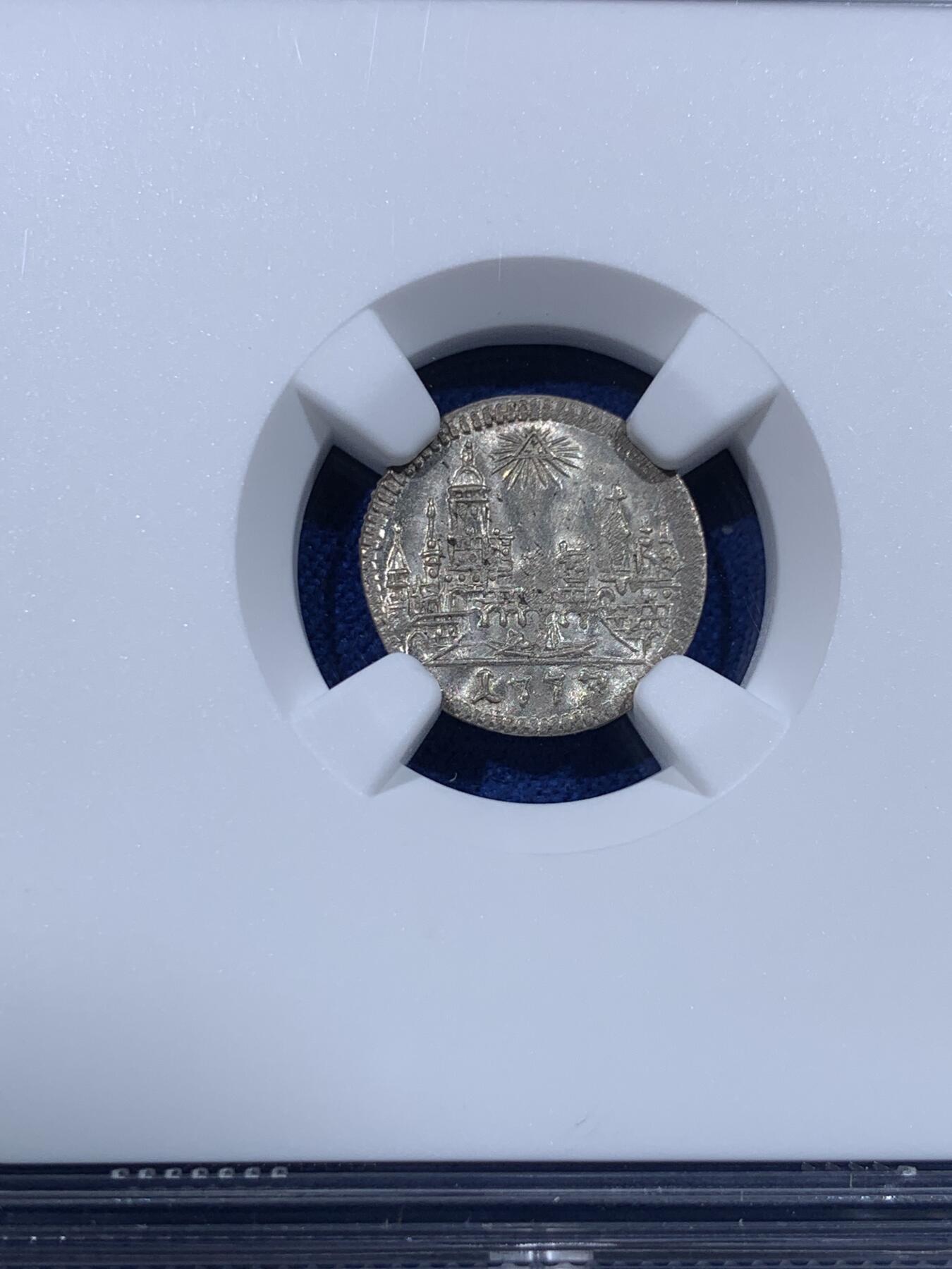 《竞宝斋》第443场 周日，周一，2场连拍 （全场包邮） NGC MS65 神圣罗马帝国时期1773年法兰克福城市景观银币，面值1克鲁泽，神罗系列的帝国自由市小精品，光度无敌，高分难得