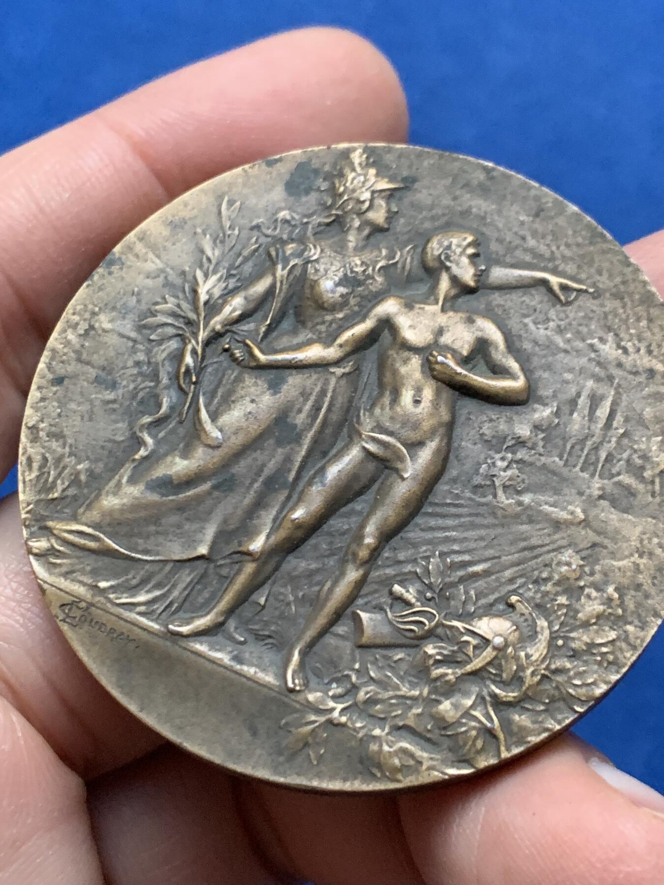 《竞宝斋》第443场 周日，周一，2场连拍 （全场包邮） 法国射击节纪念铜章 57.5克 49.5mm 带盒