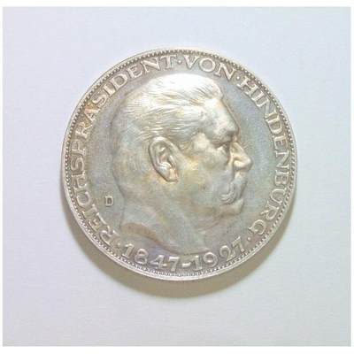 【银】德国魏玛1927年 兴登堡80大寿5马克大银币 难得精制原光 - 【银】德国魏玛1927年 兴登堡80大寿5马克大银币 难得精制原光