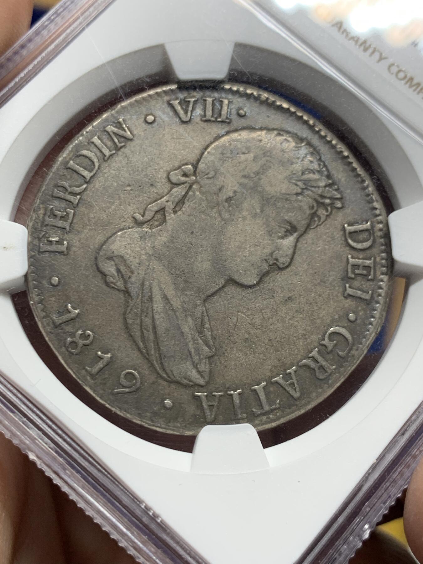 《竞宝斋》第443场 周日，周一，2场连拍 （全场包邮） NGC VF35 西属玻利维亚1819年费七8R双柱银币 双面细节到位