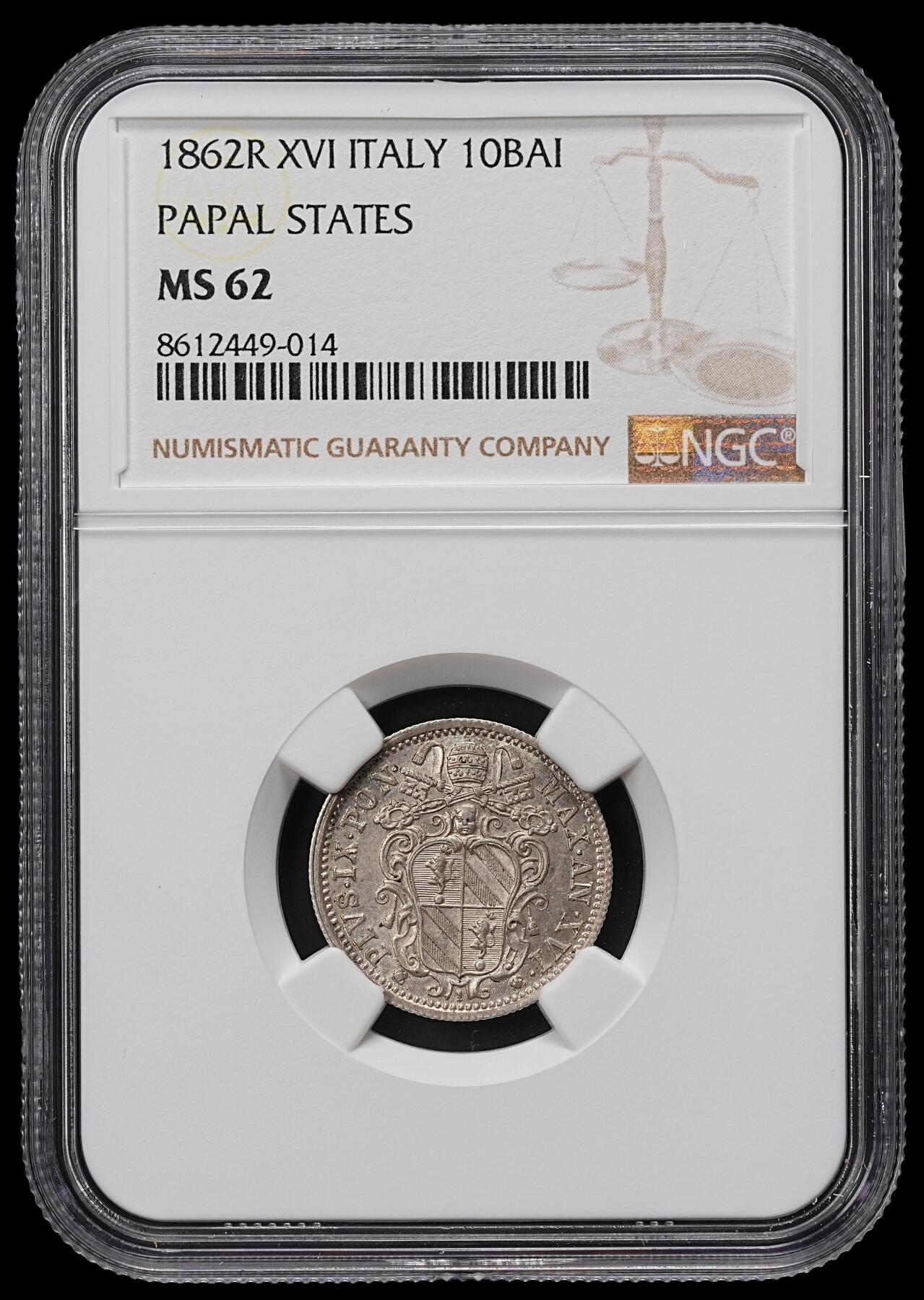 修遠堂世界钱币第九十五期 NGC MS62 1862年教皇国10 BAIOCCHI银币