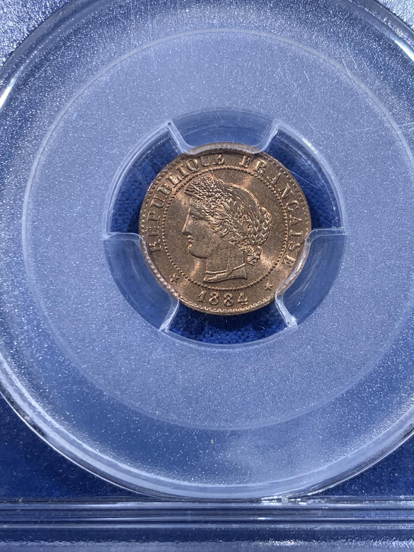 《竞宝斋》第443场 周日，周一，2场连拍 （全场包邮） PCGS MS66RD 法国 1884年 谷物女神 1分 铜币 季军分 收藏一步到位