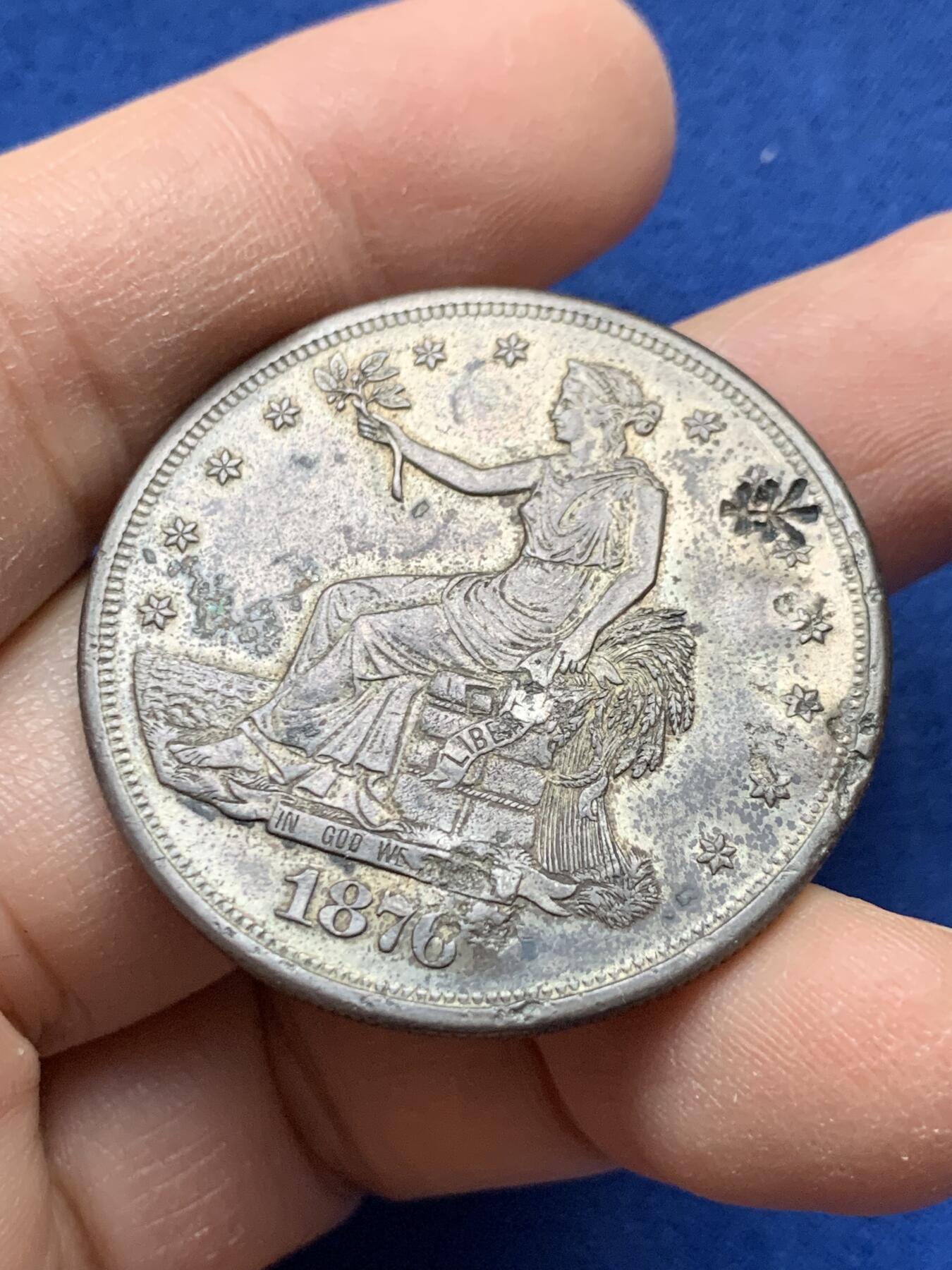 《竞宝斋》第443场 周日，周一，2场连拍 （全场包邮） 1876年美国贸易银元，原味老包浆，极美，戳记清晰。